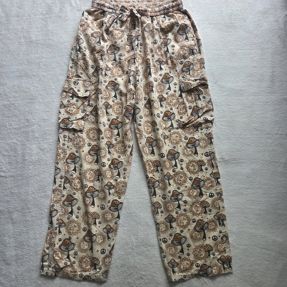 90s Y2K Rising International Mushroom Sun Pants Hippie Boho Stretch Pockets Lg